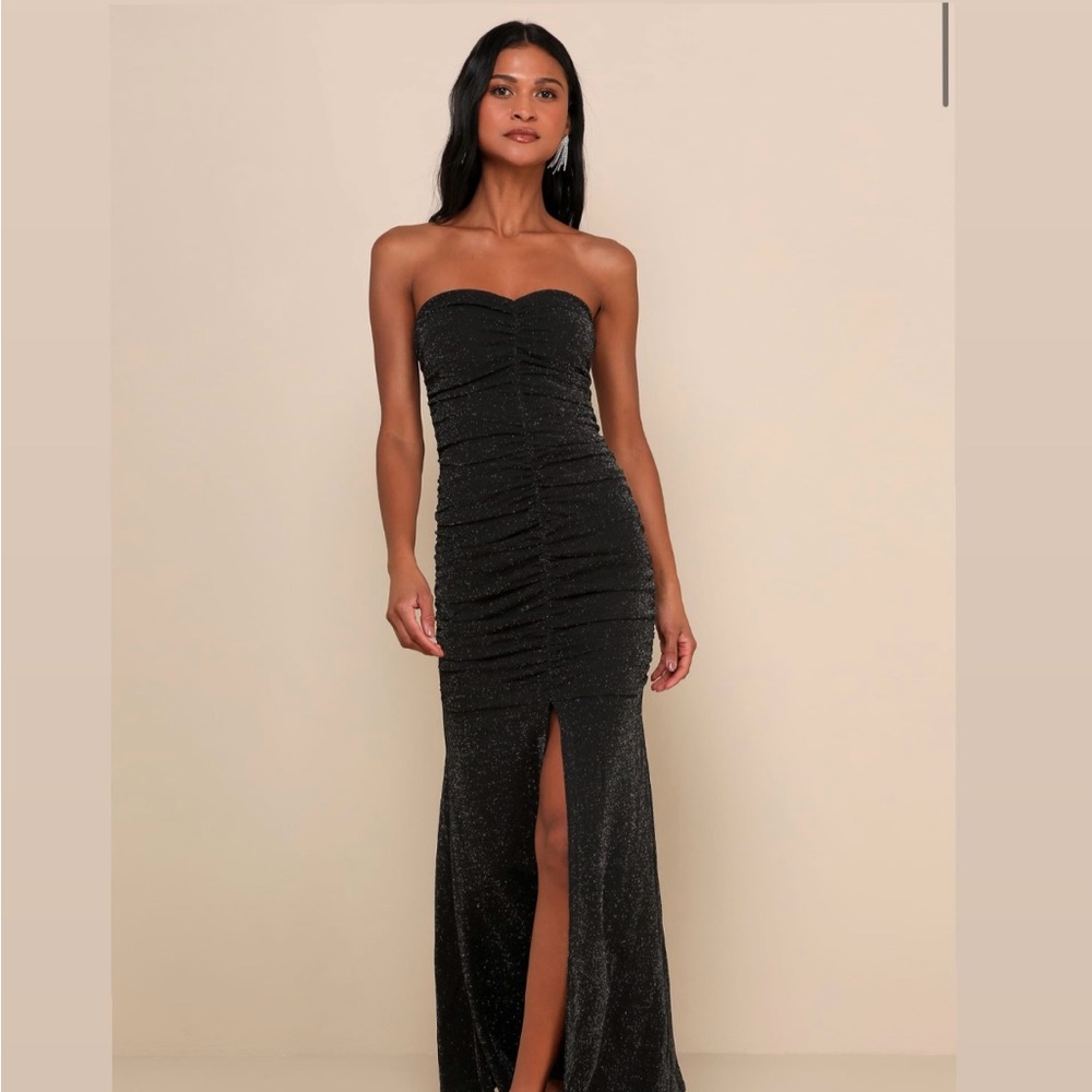 NWT Lulus When Magic Happens Black Glitter Ruched Strapless Maxi Dress